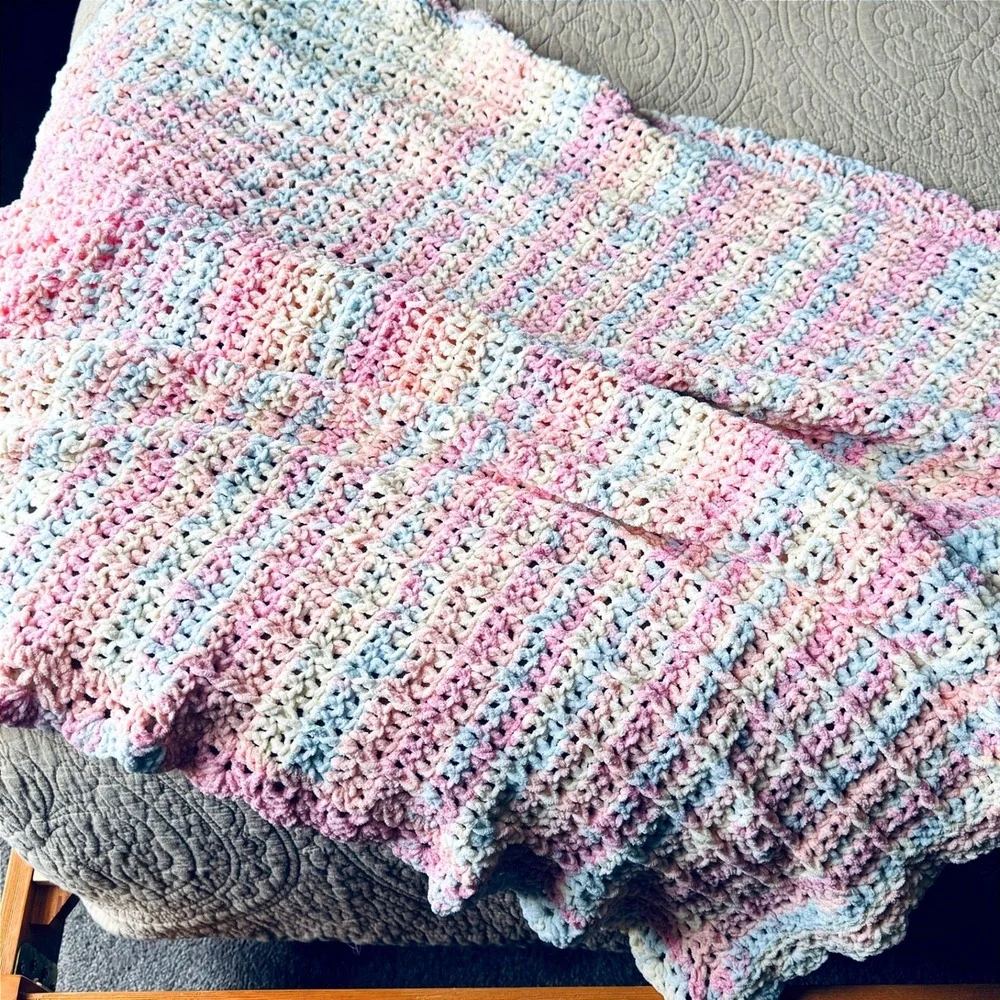 Crochet Baby Blanket Handmade Pastel Pink Blue White Super Soft Yarn 38x38 Throw